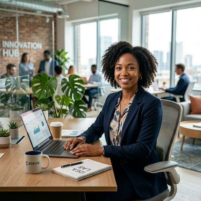 A diverse female entrepreneur working in a modern office space